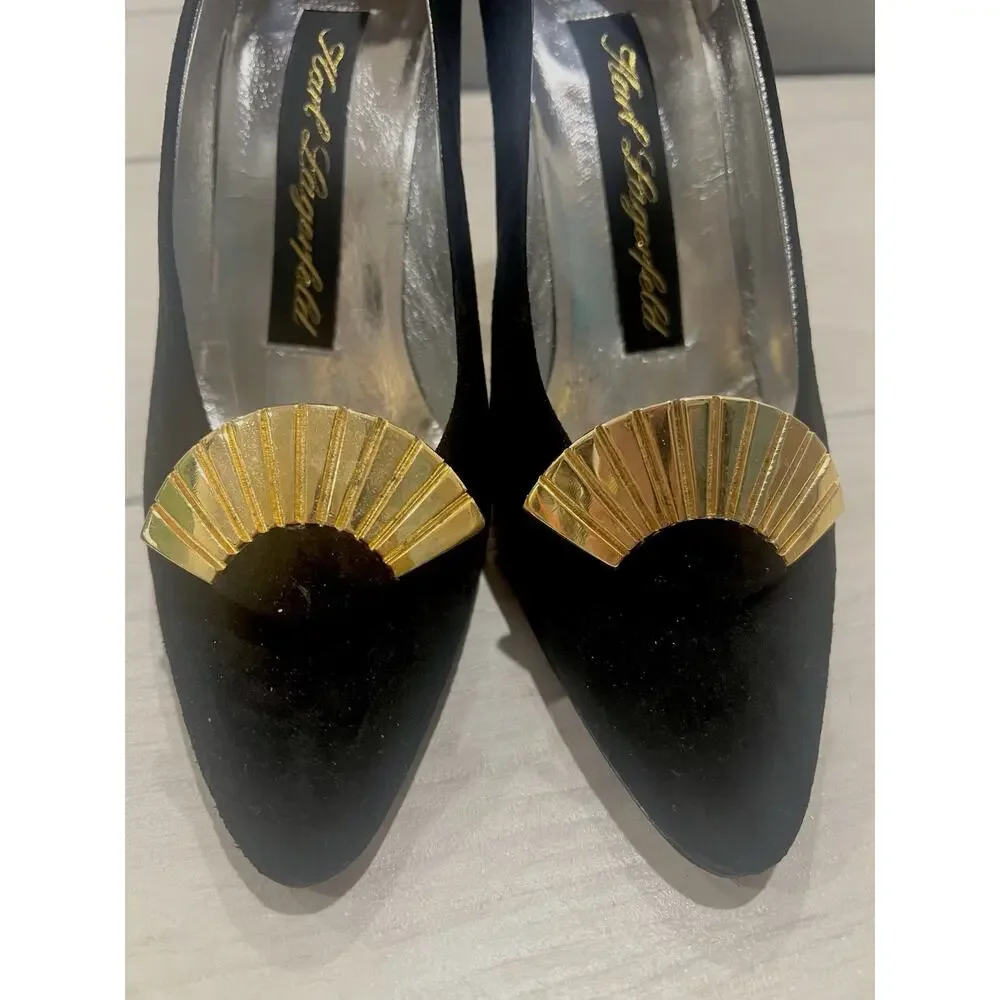 Vintage Karl Lagerfeld Black Suede Glamour Heels Gold Fan Accent Women Size 7